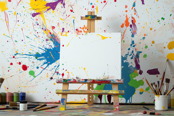 An artist's studio with a blank canvas on an easel, surrounded by a burst of creative tools and splashes of vibrant paint, illustrating the artistic process