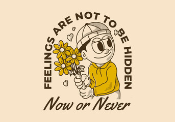 Now or never. Retro illustration of a beanie guy holding a flower