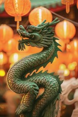 Fototapeta premium An artistic vertical composition showcasing the intricate carvings of a green wooden dragon against a backdrop of traditional Chinese lanterns, evoking the festive spirit of the New Year celebration