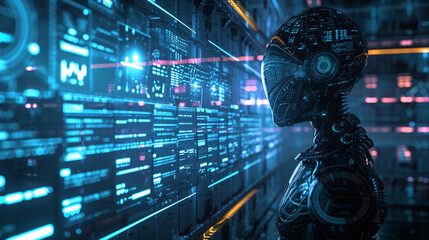 robot in the data center of data, in the style of futuristic fragmentation, realistic hyper-detailed rendering, light-focused