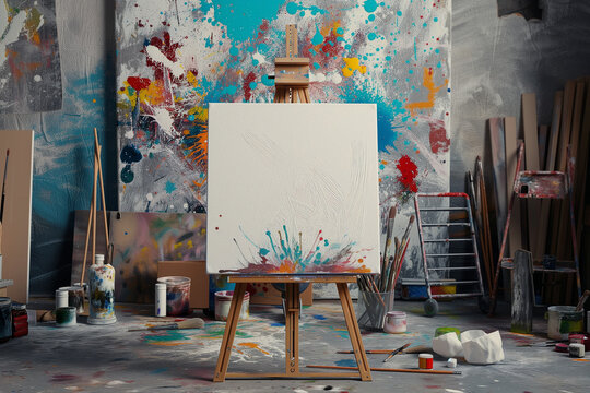 An artist's studio with a blank canvas on an easel, surrounded by a burst of creative tools and splashes of vibrant paint, illustrating the artistic process