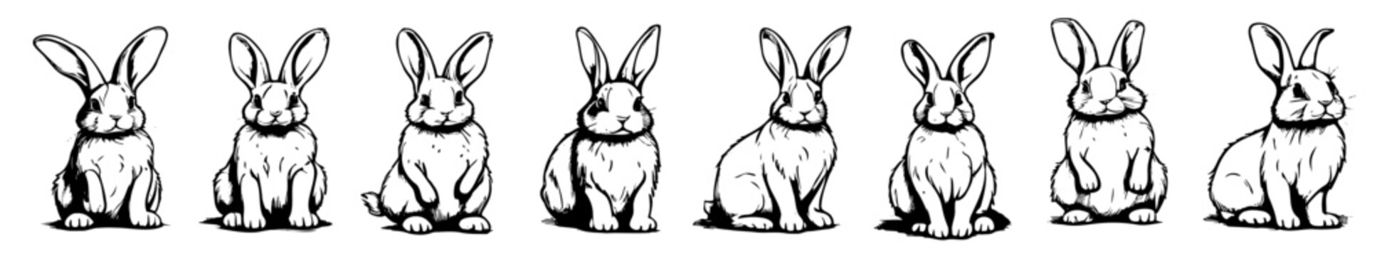 Set different rabbits silhouettes, isolated on background for design use. Bunnies as decorative elements.