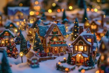Fototapeta premium A charming and illuminated Christmas village, perfect for holiday decorations and festive designs