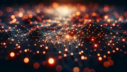 This image depicts a complex network of interconnected nodes and pathways, glowing with warm red and orange highlights against a darker, blurred background. - obrazy, fototapety, plakaty