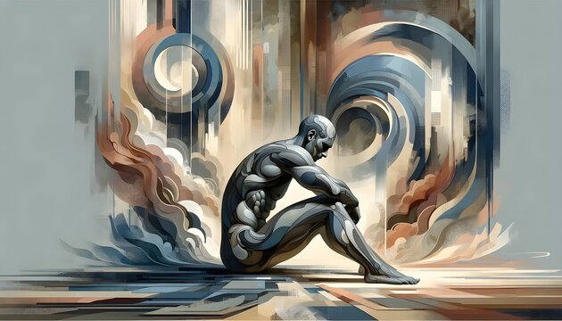 The image showcases a digital painting of a reflective humanoid figure seated, juxtaposed with abstract elements and swirling patterns in a cool palette of blues and warm beige tones.

