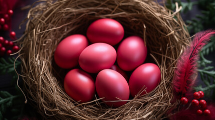 Fototapeta na wymiar A delicate bird nest cradles a clutch of vibrant pink eggs, nestled among lush green foliage, symbolizing new beginnings and the beauty of nature's creations