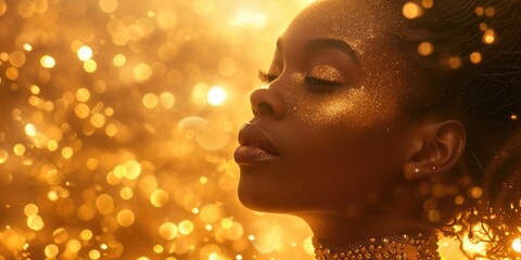 A woman with gold glitter on her face. Perfect for makeup tutorials or festival-themed designs - obrazy, fototapety, plakaty