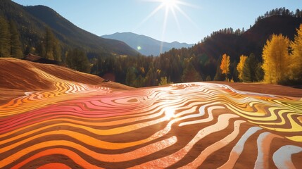 Create intricate patterns on sunlit mountain slopes using colored sand, blending nature's canvas with human artistry in a temporary and unique installation