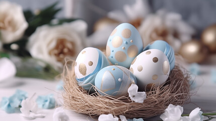 Obraz premium A colorful nest adorned with delicate flowers and speckled eggs, evoking the playful joy and beauty of easter celebrations with whimsical toys and natural elements