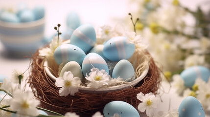A serene spring scene unfolds as a nest brimming with blue easter eggs rests among delicate white flowers, evoking feelings of new beginnings and the beauty of nature