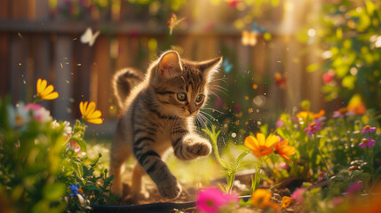 Playful Kitten Amidst a Colorful Garden of Summer Blooms in the Warm Sunshine. A Kitten in Curious Adventure in a Vibrant Flower Garden, Illuminated by Soft Sunlight - Image made using Generative AI - 725780983