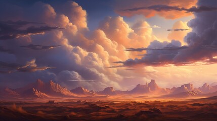 Dramatic images capturing dynamic cloud formations over a sunlit oasis in the desert, where lush vegetation contrasts with the arid surroundings