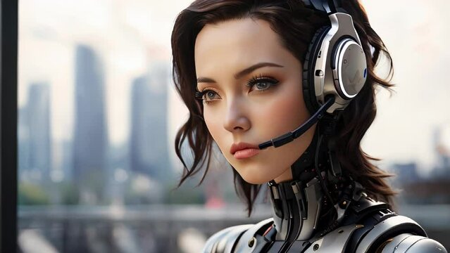 Female robot looking at the city. AI