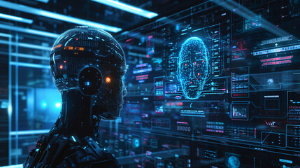 robot in the data center of data, in the style of futuristic fragmentation, realistic hyper-detailed rendering, light-focused