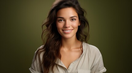 a smiling young woman in a green shirt, in the style of minimal retouching, light white and amber