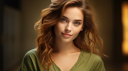 Fototapeta premium a smiling young woman in a green shirt, in the style of minimal retouching, light white and amber