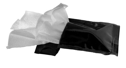 Individual refreshing Wet wipe. Disposable Wet napkins for restaurants. Black packaging. 