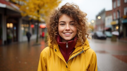 Fototapeta premium a young woman in a yellow jacket with curly hair and blue eyes is standing, in the style of happycore