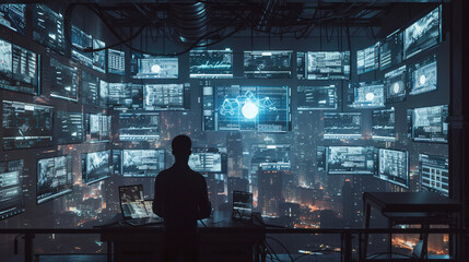 a robot is in front of a computer screen while looking at the screen, in the style of spectacular backdrops