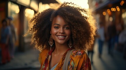 a young woman is smiling at the camera in a dark street, in the style of multicultural fusion, warm tones