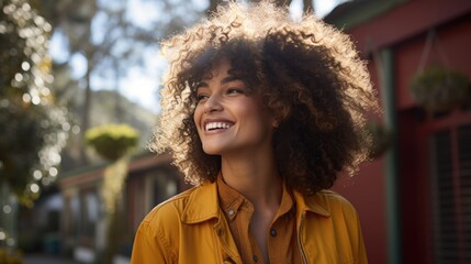 female african american smiling on a city, in the style of frequent use of yellow, candid moments captured, helene knoop, close-up