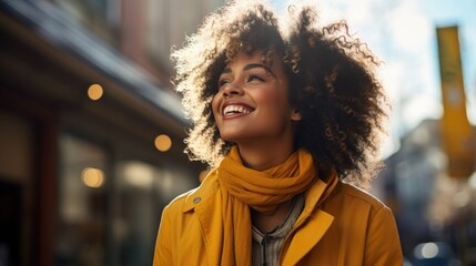 female african american smiling on a city, in the style of frequent use of yellow, candid moments captured, helene knoop, close-up