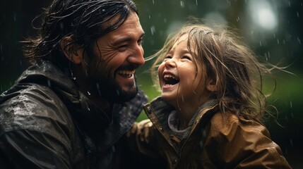 smiling father with daughter in rainy day outdoors, in the style of joyful chaos - obrazy, fototapety, plakaty