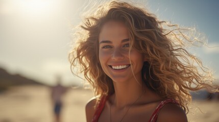 woman smiles with long hair in a field, in the style of golden light