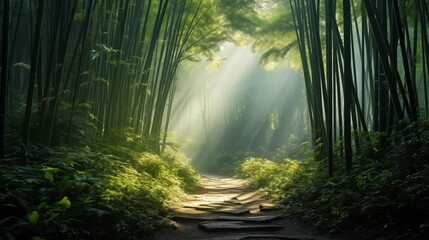 Enchanting scenes of a sunlit bamboo forest path with mystical fog, creating an ethereal and serene atmosphere within the lush greenery - obrazy, fototapety, plakaty
