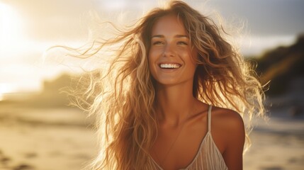 Naklejka premium woman smiles with long hair in a field, in the style of golden light