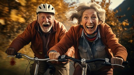 old couple laughing while riding bicycles in autumn, in the style of adventure themed