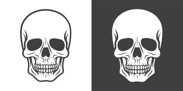 Vector Black and White Skull Icon Set Closeup Isolated. Skulls Collection with Outline, Cut Out Style in Front View. Hand Drawn Skull Head Design Template