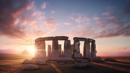 Enigmatic scenes of the ancient Stonehenge monument bathed in the soft hues of a sunrise
