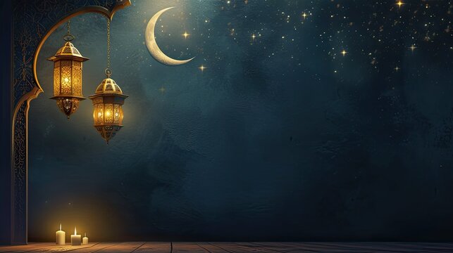 a lantern and crescent moon in luxurious style, evoking the spirit of Ramadan Kareem, Mawlid, and Iftar celebrations, with ample copy space for personalized messages or event details.