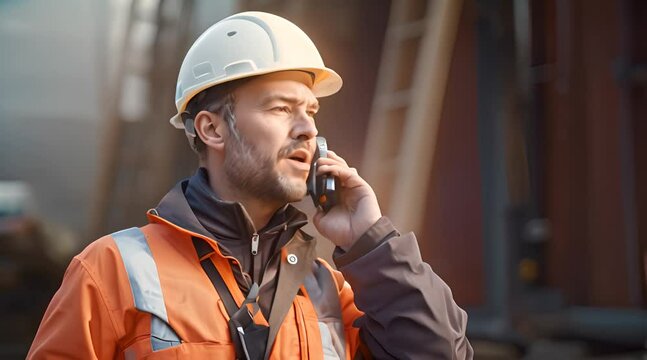 a construction worker talking on a cell phone