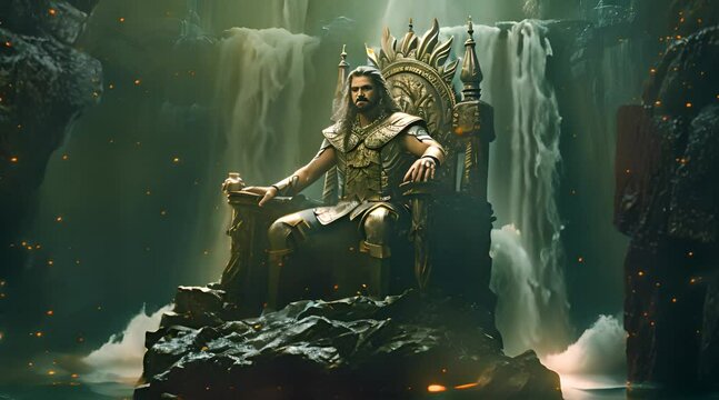 a man sitting on a throne in front of a waterfall