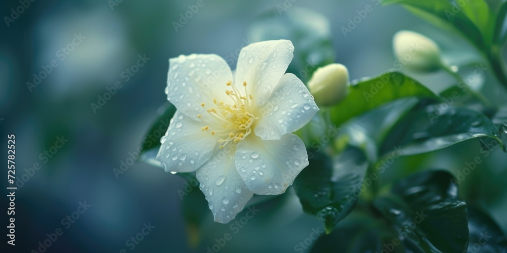 Poster a beautiful white flower with sparkling water droplets. perfect for adding a touch of freshness and 