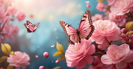 Springtime charm Pink blossoms, butterfly in flight - obrazy, fototapety, plakaty