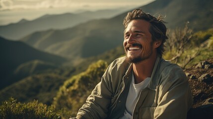 a man smiling outdoors in country side, light gray, close-up - obrazy, fototapety, plakaty