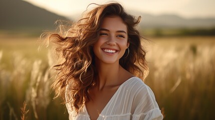 young woman laughing with light hair in the field, in the style of golden hues, wavy, beach portraits - obrazy, fototapety, plakaty