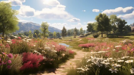 Fototapeta premium Expansive views of sunlit wildflower meadows, featuring winding paths that lead through a riot of colors, inviting exploration in a picturesque setting