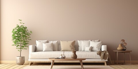 Minimalist living room decor template with white sofa, glass coffee table, beige wall, and personal...