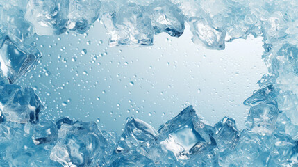 Obraz premium Ice cubes forming a melting frame with a clear blue center.