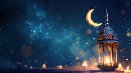 a lantern and crescent moon in luxurious style, evoking the spirit of Ramadan Kareem, Mawlid, and Iftar celebrations, with ample copy space for personalized messages or event details.