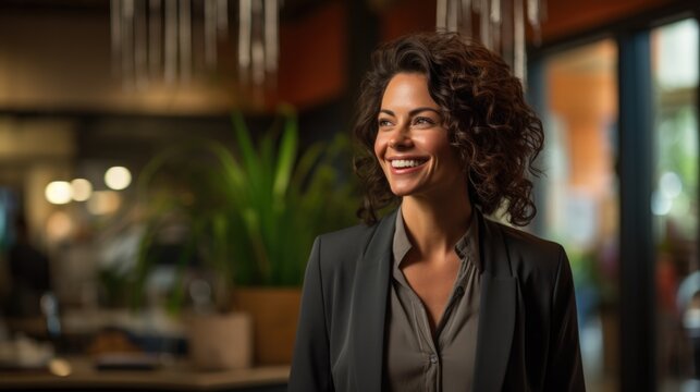 professional business woman smiling and laughing, in the style of futurist claims