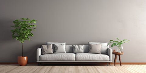 Fototapeta na wymiar Modern and minimalistic open space with a stylish gray sofa, wooden plant shelf, and accessories. Gray walls and brown wooden parquet flooring create a sleek room concept with a template and copy