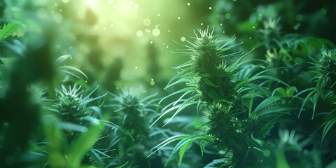 Fototapeta na wymiar Lush Cannabis Garden at Sunrise. Sun-kissed cannabis garden with vibrant green hues.