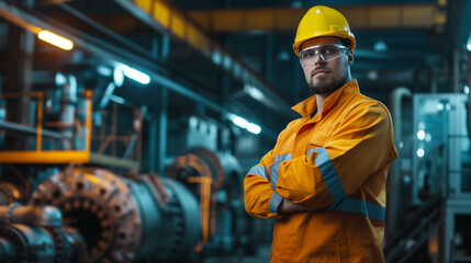 Portrait of Industry maintenance engineer man wearing uniform and safety hard hat on factory station. Industry, Engineer, construction concept - obrazy, fototapety, plakaty