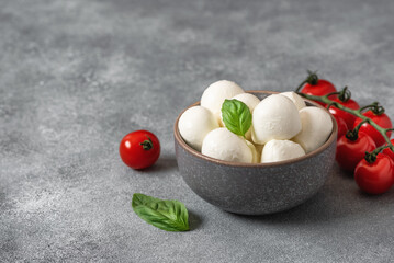 Mozzarella cheese balls in a bowl with basil leaves and cherry tomatoes, gray concrete background. Side view, selective focus.