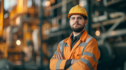Portrait of Industry maintenance engineer man wearing uniform and safety hard hat on factory station. Industry, Engineer, construction concept - obrazy, fototapety, plakaty